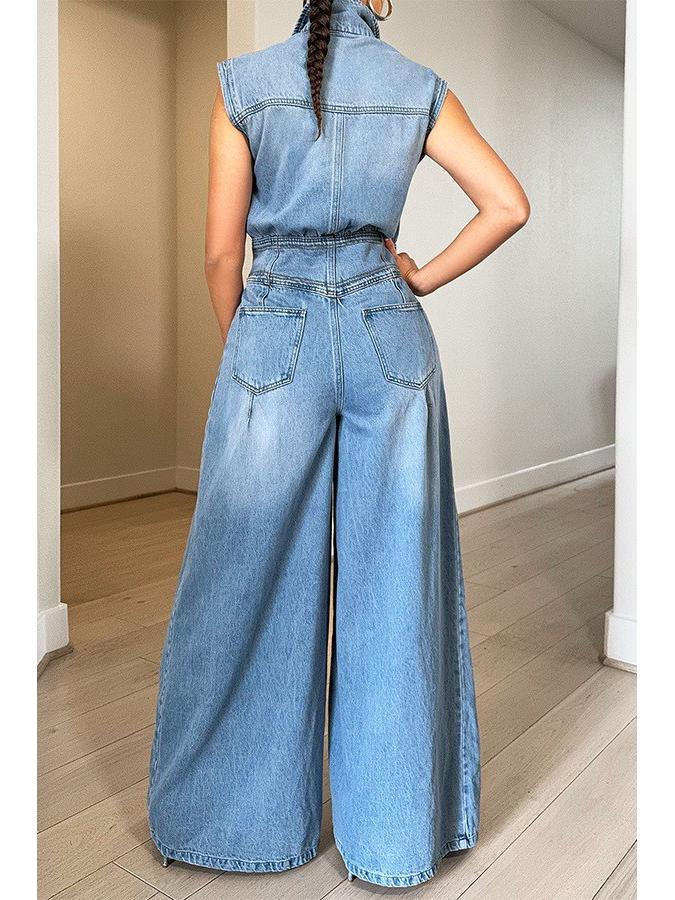 Elegant Women's Sleeveless Washed Denim Jumpsuit with Wide-Leg Pants