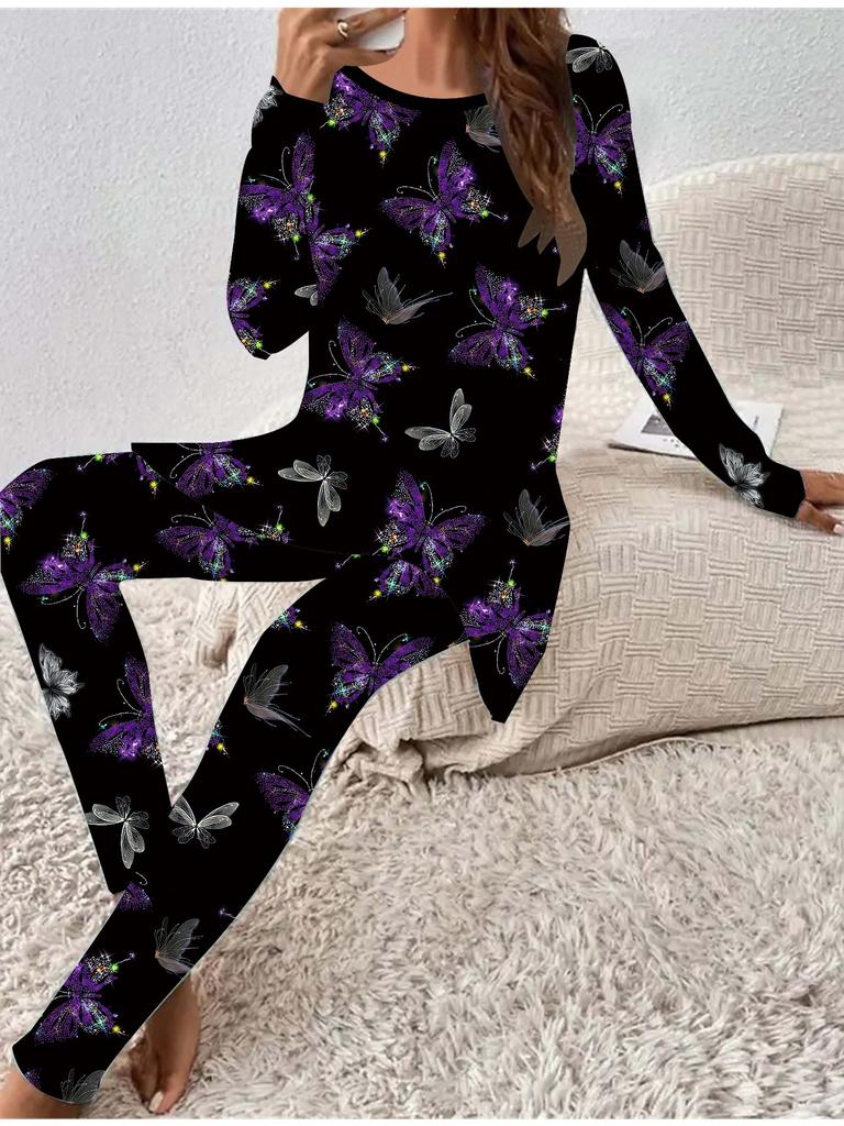 Euro-amerikanische Mode 3D Schmetterling bedrucktes Damen Vier-Jahreszeiten Langarm-T-Shirt + Lange Hose Zweiteiler. Perfektes Geschenk für Neujahr & Weihnachten