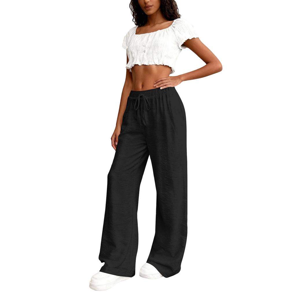 Women's Loose-fitting Wide-leg Pants, Casual Loose-fitting Pants, High-elastic Waistband, Long Pants With Pockets