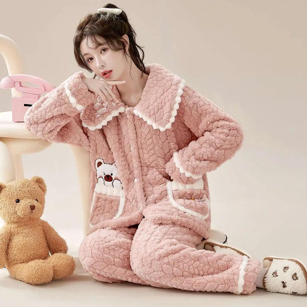Women's Thickened Loose Size Pajamas Set Flannel Home Wear Cute Sweet Autumn Winter Loungewear Suit Warm Coral Velvet Sleepwear