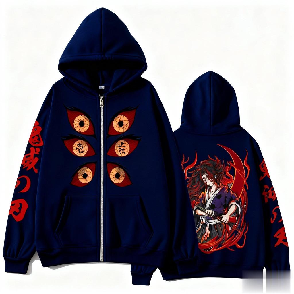 Kokushibo Men Autumn Winter 100%Cotton Zipper Hoodie Women Casual Harajuku Demon Slayer Japanese anime Long Sleeve Y2K Coat Top