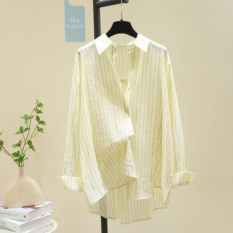 New Summer Women Fashion Striped Print Sunscreen Shirt Lapel Long Sleeve Tunic Blouse Casual Streetwear Oversized Irregular Tops