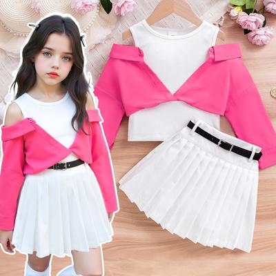 Girls' Sweet Set Summer Children's Casual Off-the-shoulder Long-sleeved Top + Cinched Waist Pleated Skirt + Belt Set