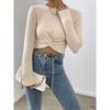 Women Slim Fit Cross Design Round Neck Long Sleeve Knit Sweater