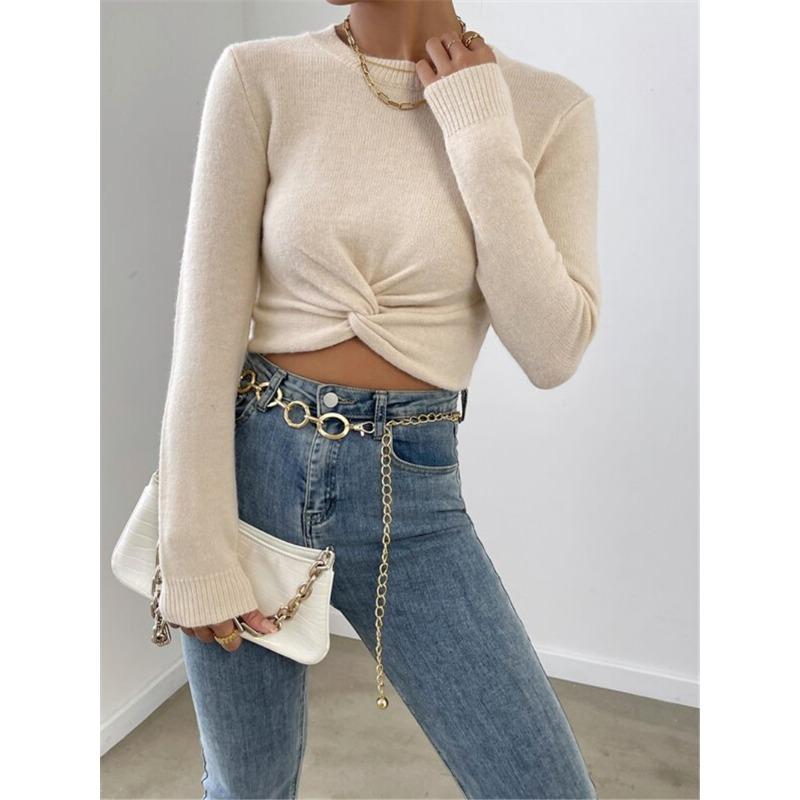 Women Slim Fit Cross Design Round Neck Long Sleeve Knit Sweater