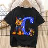 Paw Patrol Chase T-shirt for Children Cartoon Letter A-Z Tee Top Kawaii Round Collar Clothes Fashion Kids Black Clothing Gift
