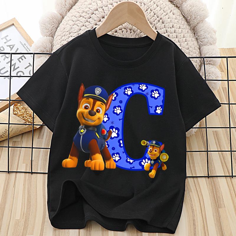 Paw Patrol Chase T-shirt for Children Cartoon Letter A-Z Tee Top Kawaii Round Collar Clothes Fashion Kids Black Clothing Gift