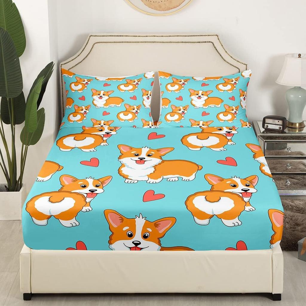Cartoon Animal Dog Pattern Bed Hat Four-Piece Bedding Set Bedroom Dormitory Bedding Decoration