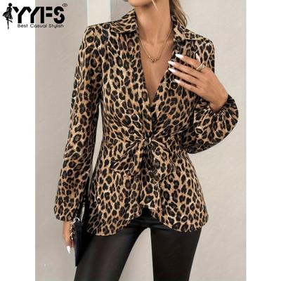 Women's Fashion Casual Spring Autumn Leopard Print Long Sleeve POLO Neck Blouses & Shirts