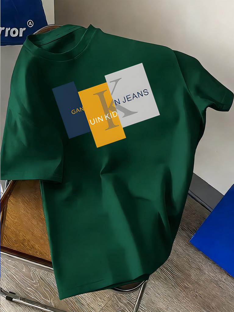 Color Block Geometric Squares and Letter K Print on Premium Soft 100 Cotton Unisexs T Shirt Perfect for Summer Modern Casual Style