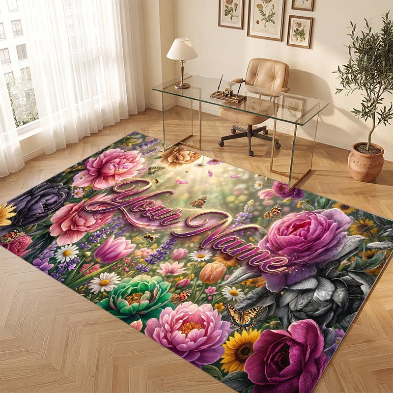 Floral Garden Theme Soft Crystal Velvet Rug Custom Name & Text Print Non Slip Floor Rug for Bedroom Living Room