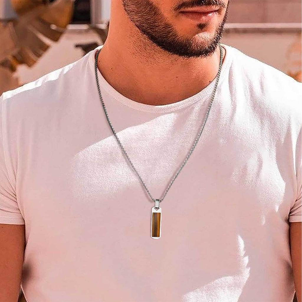 Vnox Geometrische Rechteck-Anhänger Halskette für Herren, Tigerauge Stein Vertikaler Stab Edelstahl Boxkette Halsketten, Party Geschenke