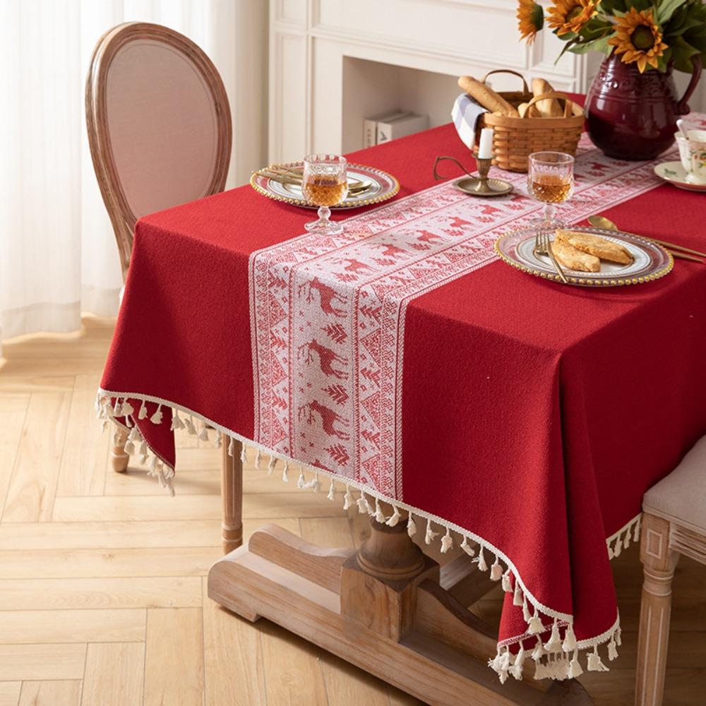 Retro Red Jacquard Tablecloth with Fringe Ideal for Wedding Christmas New Year Festive Dining Table Cover