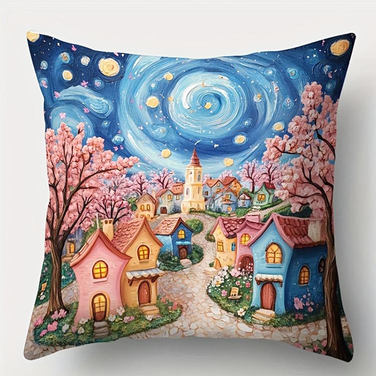 Деревенский стиль Деревенский дом Цветок Ночное небо НаволочкаПодходит для дивана автомобиля спальни декоративная наволочка на подушку 16x16Inch