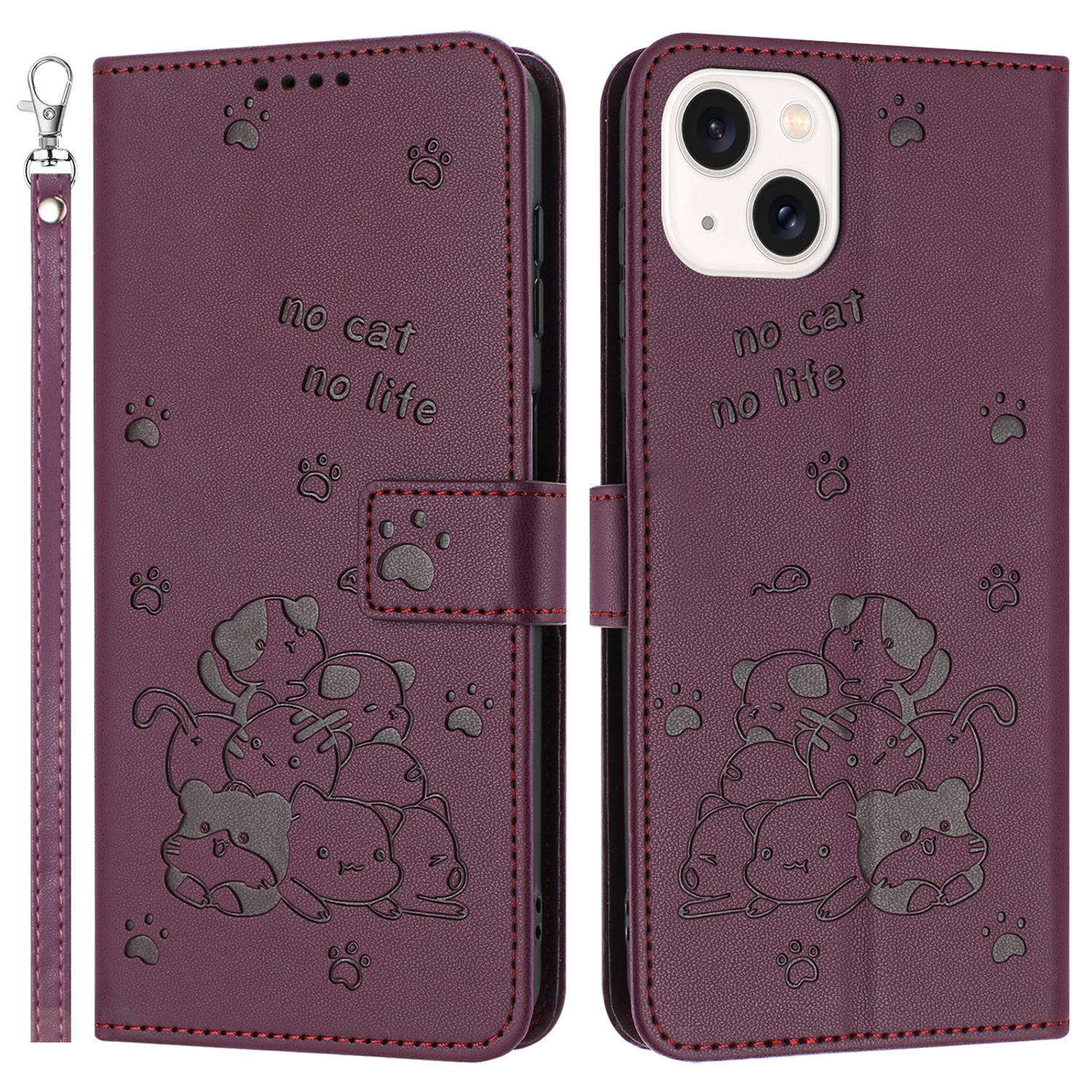 

For iPhone 15 Case with Strap Cats Imprint Leather Wallet Phone Cover Wine Red