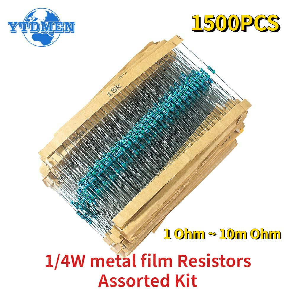 1500PCS 1/4W Metal Film Resistors Assorted Kit 75 Values 1 Ohm ~ 10m Ohm Resistance 1% Tolerance 0.25w Resistor Pack Samples