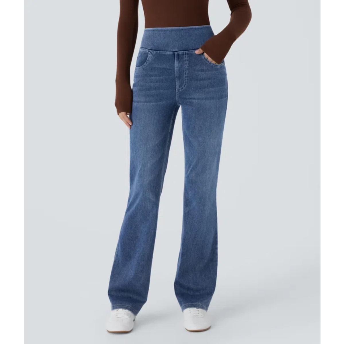 

Women Jeans With Pockets Elastic High Waist Solid Color Full Length Pants Straight Trousers Sweatpant Daily Commuting S