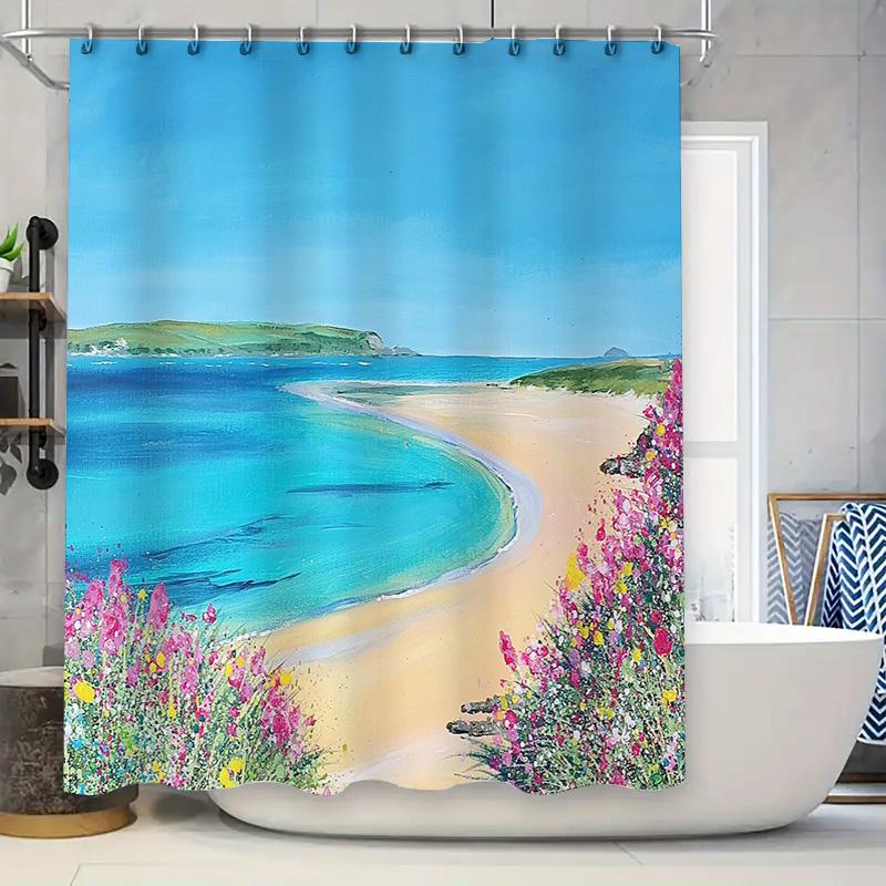 

Coastal Beach Shower Curtain Ocean Wave Landscape Nature Bathroom Decor Seascapes Teal Blue Artistic Print Waterproof Fabric W60H190(CM)-1 Pcs