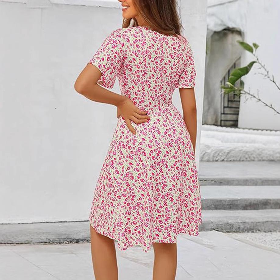 Ladies' Sun Dress, Summer Floral Short-sleeved V-neck Dress