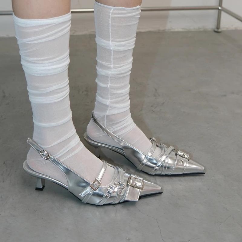 Pointed-toe Shoes Half Slippers Women's Outerwear Button-up Flip-flops and High Heels