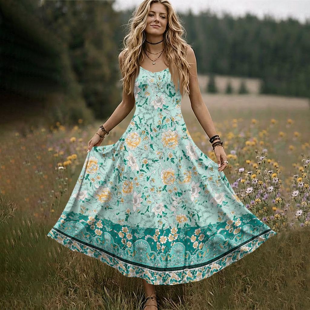 Women Sleeveless V Neck Maxi Dress Summer Bohemian Style Long Slip Dress with Embroidered Pattern and Adjustable Straps for Casual Wear