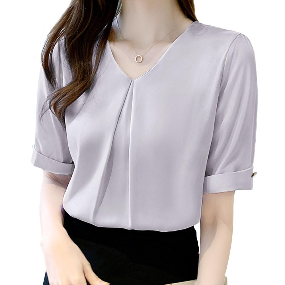 Short Chiffon Loose Body Summer [Bidason] Women's Blouse, Sleeve, Shirt, V-Neck, Summer, Fit, Slimming, Tuck, Casual, Covering, Neat, Stylish, Cute,