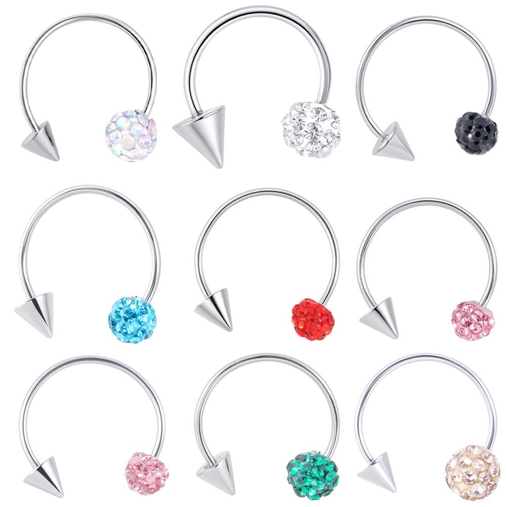 Shamballa Kristal Toplu ve Konik Uçlu C Şekilli Titanyum Barbell - Parlak At Nalı Dudak ve Burun Halkası Piercing