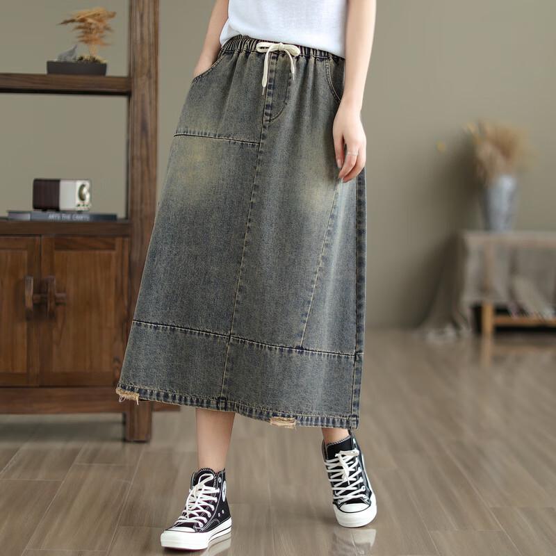 Ronghua Fashion High-Waisted A-Line Denim Midi Skirt