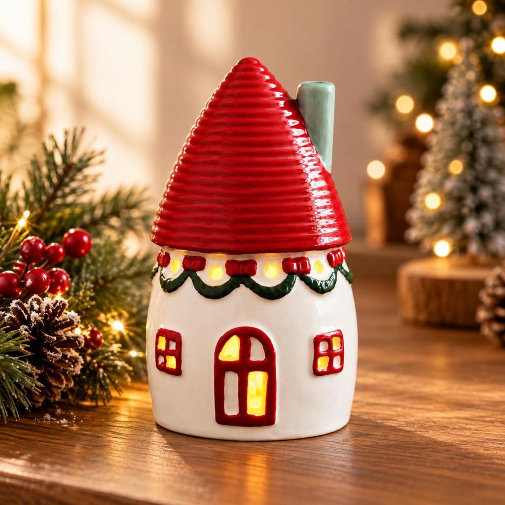 Ceramic Holiday Cottage Ornament Lighting up Lighted Decoration Glossy for Mantel