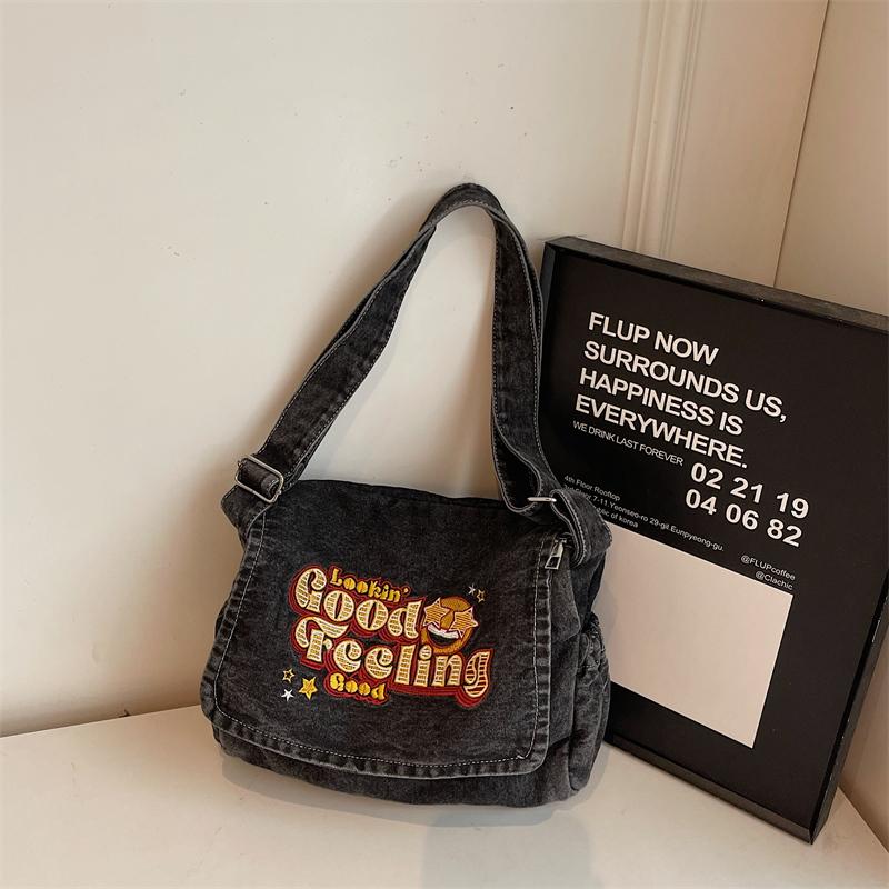 Large Capacity Denim Bag Student Class Crossbody Bag Letter Embroidery Women Commuter Tote Bag