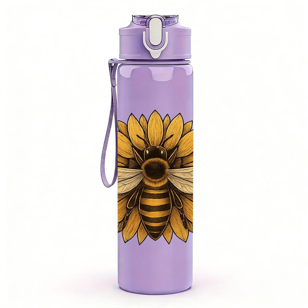 1PC Sunflower Bee Insect Pattern 750ml Color Plastic Sports Water Bottle Leakproof Flip Straw Lid Suitable for Sports Office Home Use