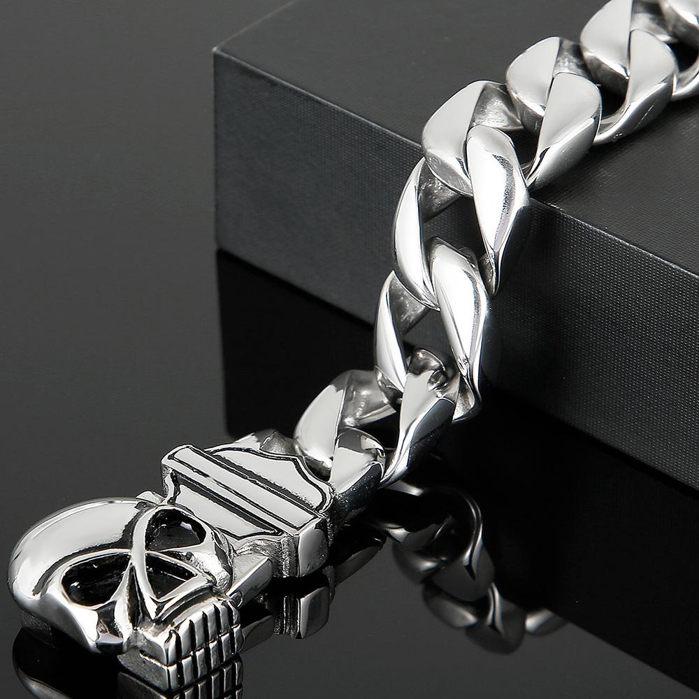 Gothic Skull Men's Bracelet 15MM Width Polished Stainless Steel Cuban Link Chain Hip Hop Streetwear Biker Jewelry