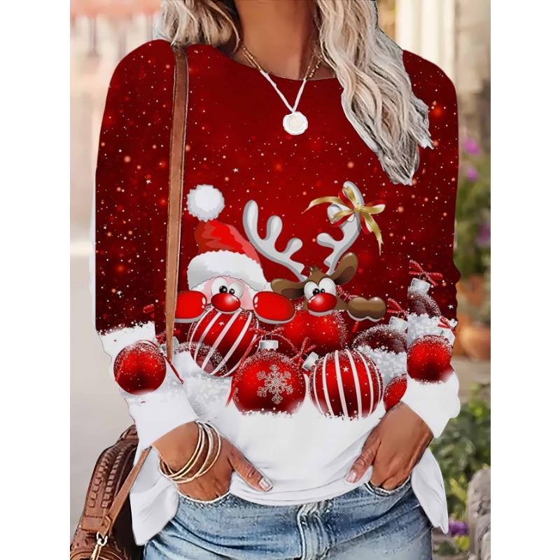 Christmas Ugly Santa Claus O-Neck Long Sleeve T-Shirts Fashion Womens Clothing Casual Clothes Harajuku Female Clothing