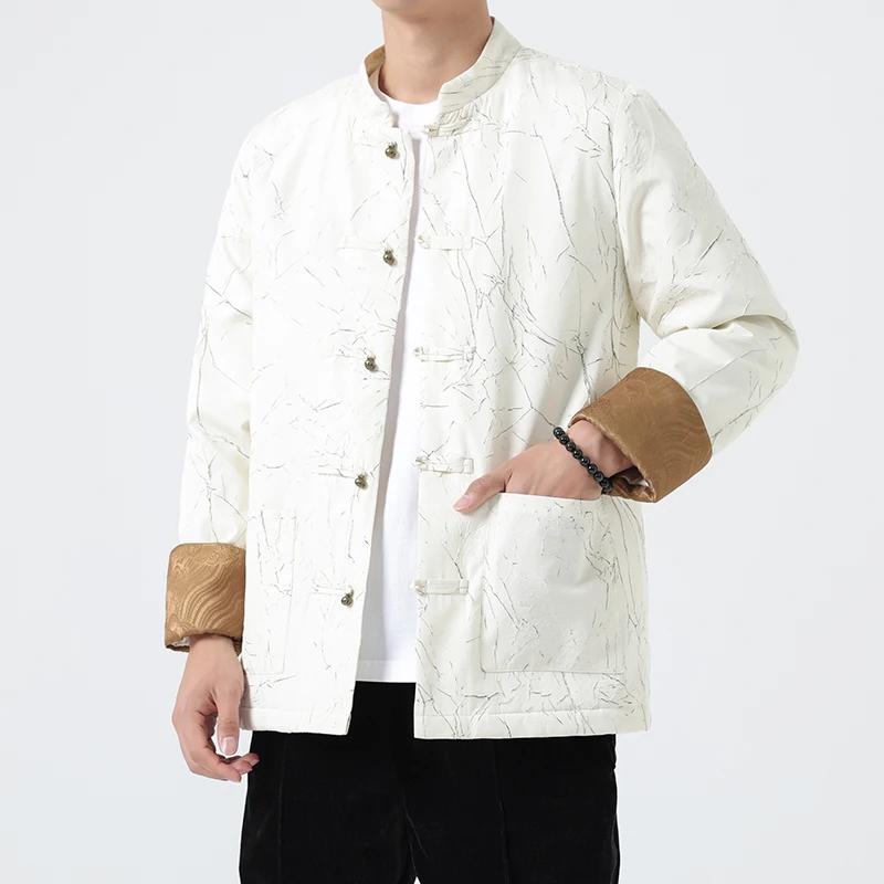 

Осень Зима Мужская Теплая Куртка Мужчины Дисковая Пряжка Ретро Костюм Тан Куртки Мужской Воротник Стойка Тиснение Ханфу Мужские Хлопковые Утепленные Пальто 2XL