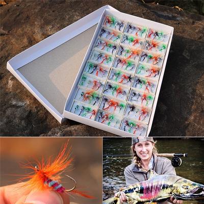 SOUGAYILANG 96pcs In 24Box Fly Fishing Hooks Mosquitoe Lure Feather Steel Bait Hook Fly Fishing Lure