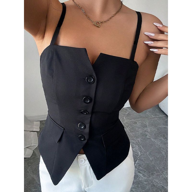 Women Clothes Solid High Sense Fashion Black Tube Top Summer New European and American Temperament Sling Cardigan Vest Top