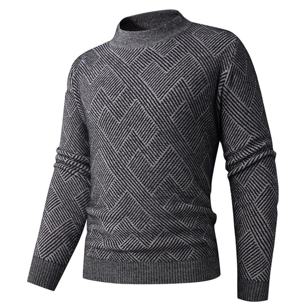 Men's Solid-color Casual Long-sleeved Semi-high-neck Knitted Sweater, Men's Loose Texture Printed Thickened Warm Pullover Sweater