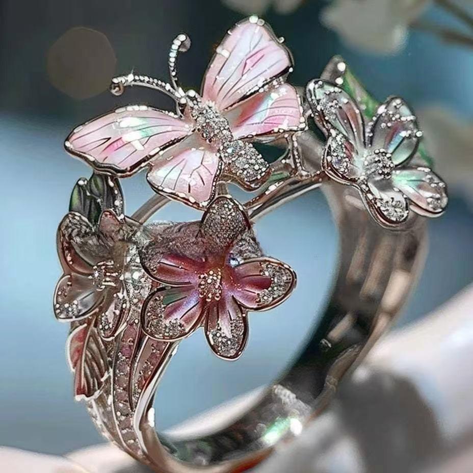 Anello aperto a forma di farfalla e fiore in lega alla moda con strass incastonati per donna