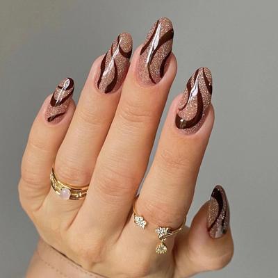 Almond Press On Nail Fake Nail Glitters Glues On Nail Artificial Acrylic Nail 24pcs Stick On Nail for Women and Girls
