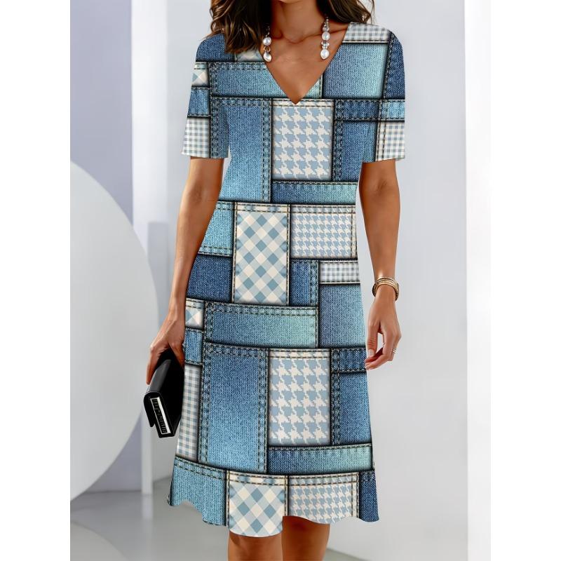 Ladies Summer V-Neck Short Sleeve Print Dress Fashion Street Style Personality Work Dress Holiday Dress