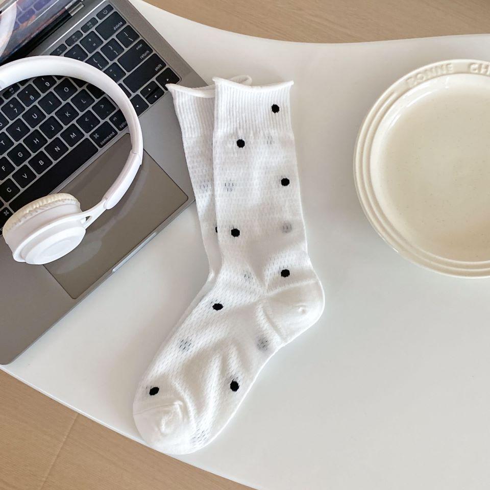 Polka Dot Socks, Women's Mid-calf Socks, Trendy Summer Thin Cotton Student Mesh Breathable Rolled-up Long Socks
