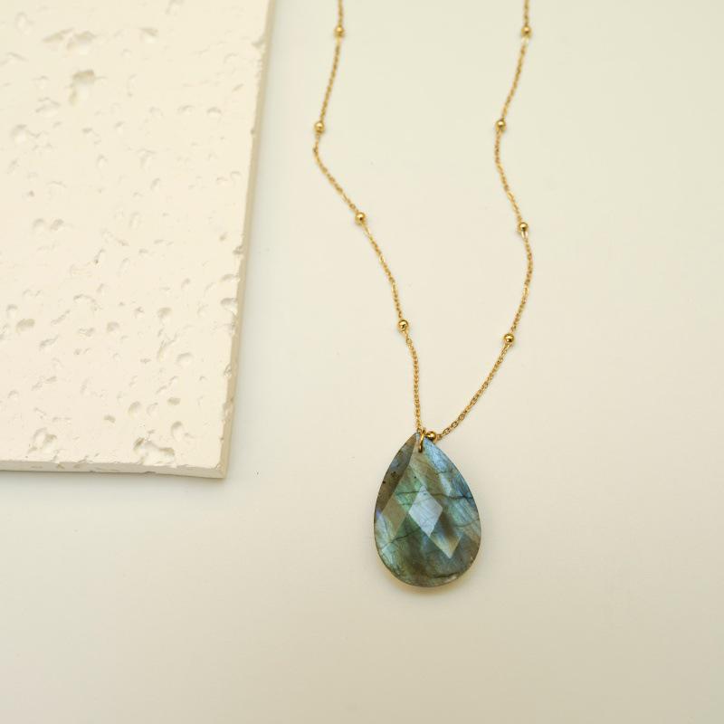 Elegant Blue Braided Rope Labradorite Necklace with Stainless Steel and Natural Stone Pendant