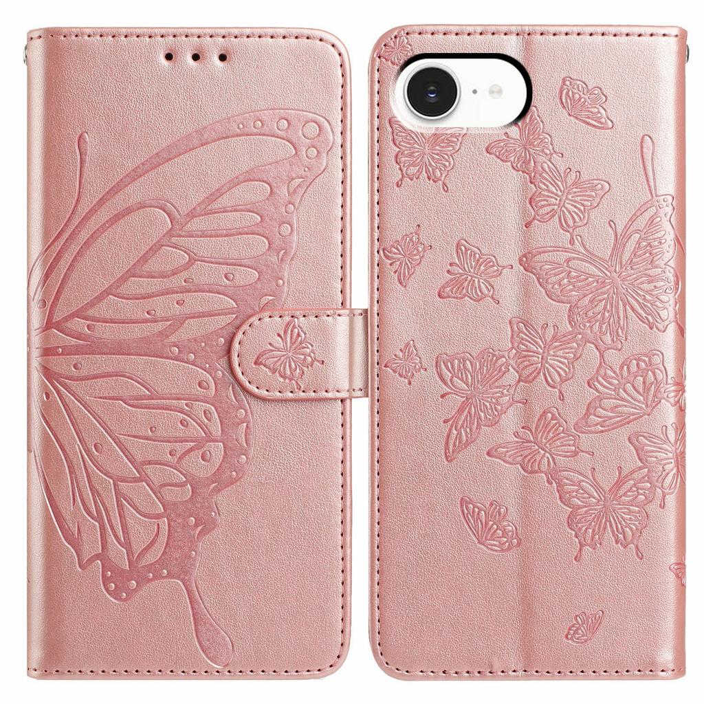 For iPhone 16e Case Butterfly Imprinted Wallet Stand PU Leather Flip Phone Cover with Strap