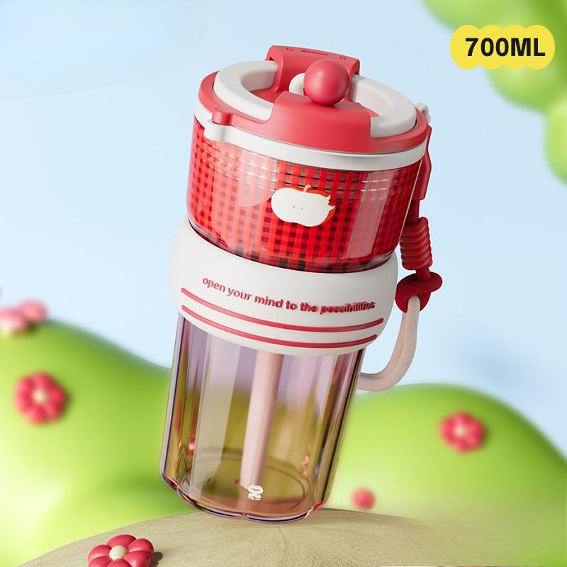 Sommer Niedlicher Cartoon Direktes Trinken Plastikwasserbecher, Tragbarer Student Strohbecher mit großem Fassungsvermögen zum doppelten Trinken