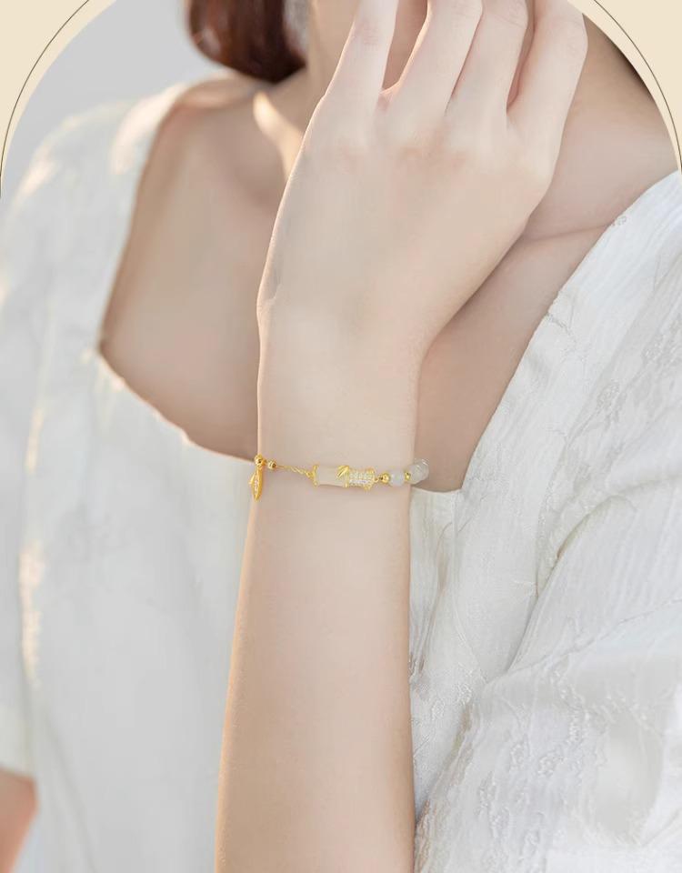 Bamboo Hetian Jade Sterling Silver Bracelet for Women – Elegant Beaded Christmas Gift