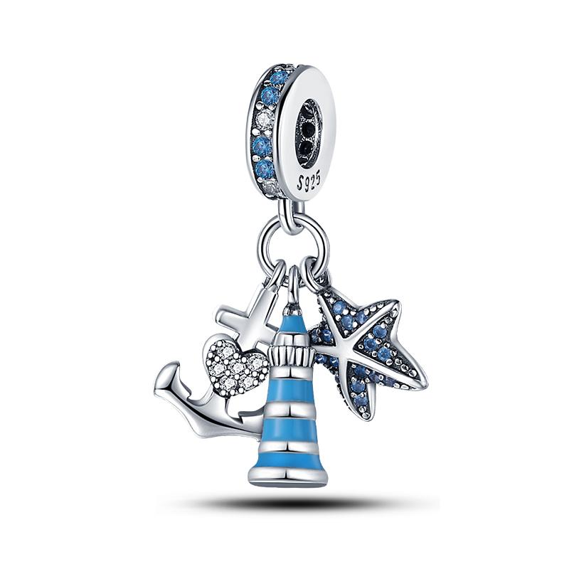 Summer 925  Silver Sailing Ship Lighthouse Luminous Ocean Series Charms Beads Fit Pan 925 Original Bracelets DIY Jewelry
