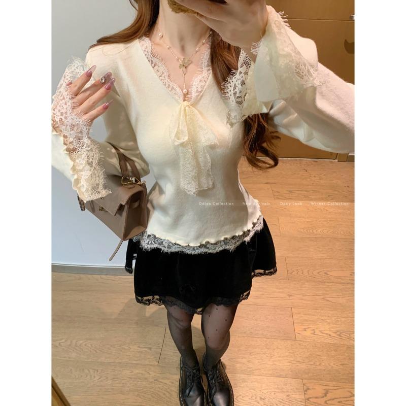 V-neck gentle lace knitted sweater spring pure desire slim-fit backing sweater bow inside top
