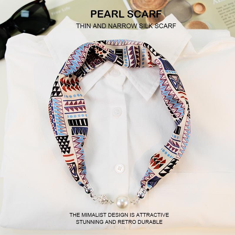 Elegant Silk Scarf with Magnetic Buckle and Pearl Necklace - Stylish Clavicle Chain for Women