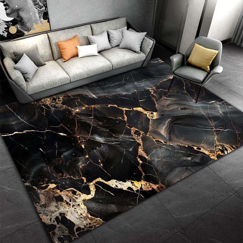 Luxury Black Marble Pattern Carpet with Gold Veins for Living Room Decor Suitable for use as an anti-slip for living room bedroom sofas
