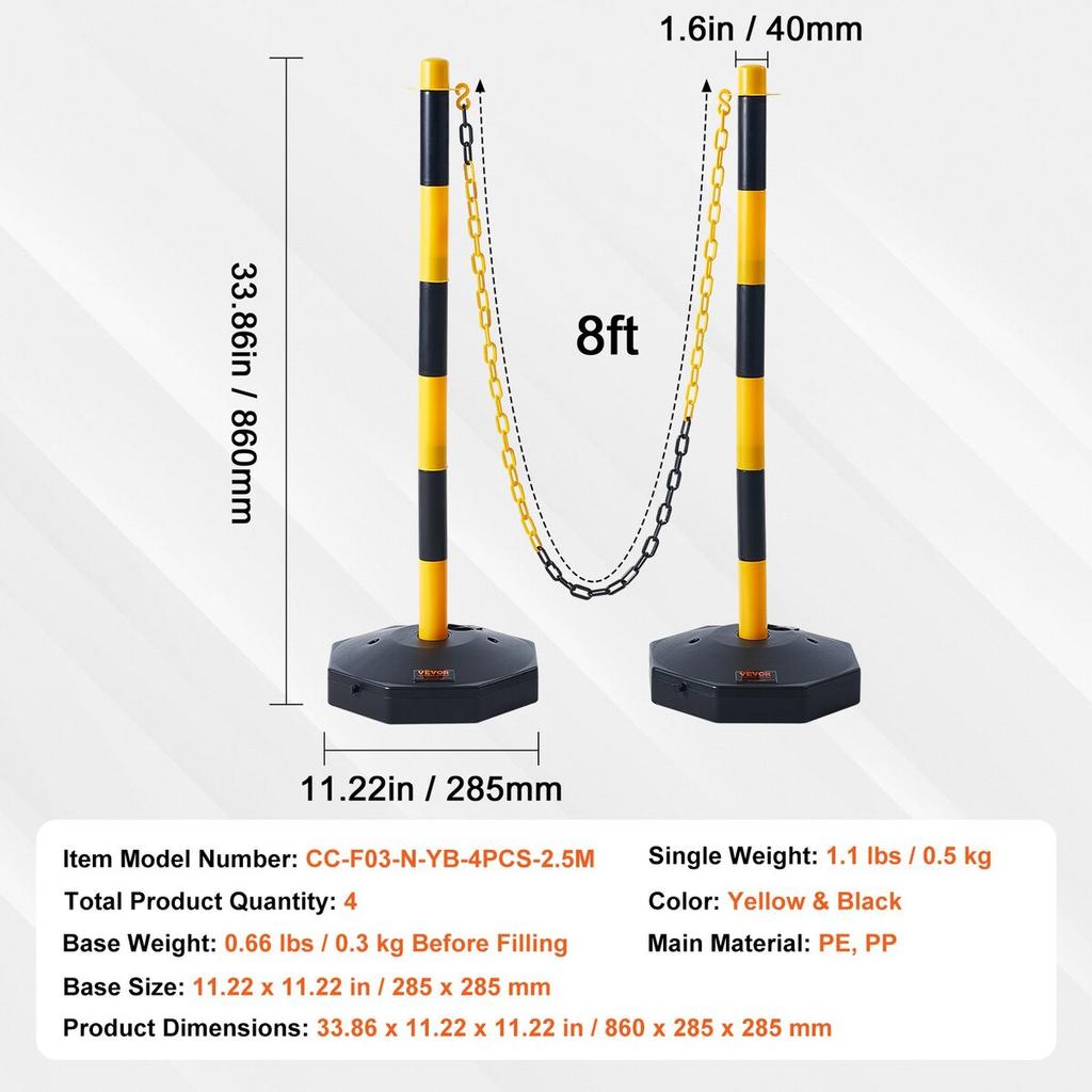 Adjustable Traffic Delineator Post Cones, 4 Pack, Traffic Safety Delineator Barrier with Fillable Base 8FT Chain, for Traffic Control Warning Parking